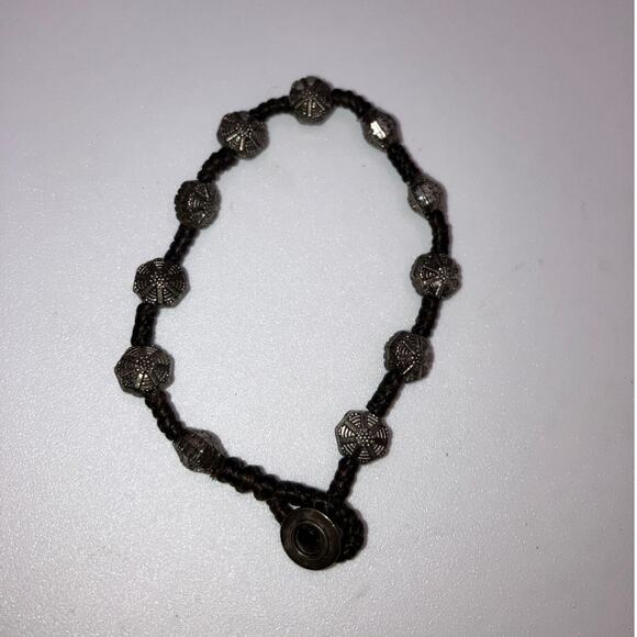 Silver Spinel Textured Beads on Brown Tied Rope 7 1/8" Bracelet! - Picture 2 of 7